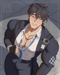 1boy ananta bara belt black_gloves black_hair blue_eyes blue_necktie blush chenxiu chenxiu_(ananta) fingerless_gloves formal gloves jacket jewelry large_pectorals looking_at_viewer male_focus muscular muscular_male necklace necktie open_clothes open_jacket pants pectorals shirt short_hair smile solo suit white_shirt yaotashi