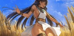 1girls absurdres ancient_egypt armlet armpit_crease bare_shoulders black_hair blue_nails blue_sky bracelet breasts brown_eyes choker commission dark_skin dark_skinned_female dress earrings female field_background fingernails floating_hair goback hair_over_one_eye highres jewelry long_fingernails long_hair medium_breasts nail_polish no_panties open_mouth original pelvic_curtain ring sideboob sky sleeveless smile solo solo_female solo_focus teeth thick_thighs thighs very_long_hair waistband wheat_field white_dress