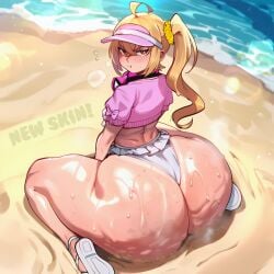1girls ahoge ai_generated ass beach big_ass bikini blonde_hair blush bubble_butt cap curvy fat_ass female female_only genlation hi_res highres huge_ass large_ass long_hair looking_at_viewer looking_back luciana_de_montefio outdoors red_eyes solo solo_female swimsuit thick thick_thighs visor_cap voluptuous wide_hips zenless_zone_zero