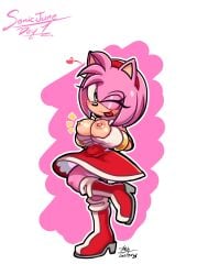 amy_rose big_boots cute_face green_eyes halfgalaxy pink_hair red_boots red_clothing showing_breasts sonic_(series) sonic_the_hedgehog_(series)