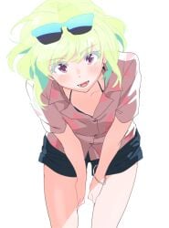 1boy 1femboy androgynous bikini_top bob_cut clothed clothing crossdressing femboy femboy_only feminine_faced_male feminine_male fully_clothed hands_on_thighs lio_fotia looking_at_viewer male petite petite_body petite_male pov promare questionable short_hair short_male shorts slim slim_male slim_waist smiling_at_viewer solo suggestive thin_waist twink