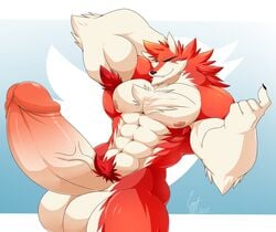 2017 anthro balls big_balls big_muscles big_penis canine daikitei erection eyebrows fur huge_cock humanoid_penis hyper looking_at_viewer male male_only mammal multicolored_fur muscular muscular_male nipples nude penis presenting presenting_penis pubes red_fur signature solo teeth two_tone_fur vein veiny_penis white_fur