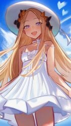 0nineo9 1girls abigail_williams_(fate/grand_order) absurd_res bare_shoulders black_bow black_dress blush bow breasts cloud cloudy_sky fate/grand_order fate_(series) female hat heart highres long_hair looking_at_viewer open_mouth parted_bangs sky smile solo solo_focus sun_hat sweat white_hat