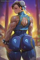 1girl ai_generated ass ass_grab ass_support bare_shoulders bracelet brown_eyes brown_hair bun_cover chinese_clothes chun-li clothing_cutout dandanhub double_bun earrings from_behind grabbing_own_ass hair_bun jewelry looking_at_viewer looking_back muscular muscular_female sleeveless solo spiked_bracelet spikes street_fighter sunset thick_thighs thighs