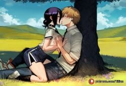 1boy 1girl ai_generated black_choker black_hair black_necktie blonde_hair chainsaw_man choker closed_eyes day denji_(chainsaw_man) grass hetero kiss necktie outdoors patreon_logo reze_(chainsaw_man) shirt shorts sky tillian tree white_shirt