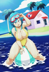 ball_(object) beach_ball blue_eyes blue_hair busty dragon_ball dragon_ball_z female female_only kame_house large_breasts ledy long_hair looking_at_viewer maron palm_tree plump sitting sitting_on_ball sitting_on_beach_ball sky summer thick_thighs water wet yellow_bikini