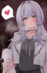 1boy 1girl :d breasts camisole commentary_request cropped_jacket ex_idol grey_camisole handjob heart highres hood hooded_jacket jacket kiyosumi_lyra large_breasts long_hair looking_at_viewer mekpark open_mouth panties panties_on_penis precum purple_eyes purple_hair sidelocks smile solo_focus spoken_heart underwear upper_body very_long_hair virtual_youtuber white_panties