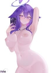 1girl absurdres armpits black_nails blush body_markings breasts cellphone cleavage colored_skin crossed_bangs fins fish_tail hair_between_eyes halo heart heart-shaped_pupils highres holding holding_phone indie_virtual_youtuber large_breasts light_smile long_hair looking_at_viewer mark_under_both_eyes megalodon_(vtuber) minaaswet navel nipples nude phone purple_eyes purple_hair purple_halo purple_skin pussy shark_girl shark_tail smartphone sweat symbol-shaped_pupils tail thighs virtual_youtuber white_background wide_hips