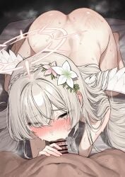 1boy 1girl absurdres all_fours angel_wings ass bar_censor blue_archive brown_hair censored commentary_request completely_nude eyes_visible_through_hair feathered_wings fellatio flower flower_hairband grabbing_another's_penis hair_flower hair_flowing_over hair_ornament hair_spread_out hairband halo hetero highres long_hair looking_at_viewer nagisa_(blue_archive) nashi_(nashipple1) nude on_bed oral pov pov_crotch saliva solo_focus white_hairband white_wings wings yellow_eyes
