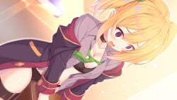 1girl @_@ aria_(koiiroharemoyou) black_bra black_choker black_coat black_panties blonde_hair blurry blurry_background blush bra breasts brown_thighhighs cameltoe chloe_(princess_connect!) choker cleavage coat collarbone collared_shirt commentary commission cowboy_shot crotch_rub depth_of_field dress_shirt dutch_angle elf female_masturbation flying_sweatdrops furrowed_brow green_necktie grey_shirt hair_between_eyes hood hood_down hooded_coat indoors long_sleeves looking_down masturbation medium_breasts necktie open_clothes open_coat open_mouth open_shirt paid_reward_available panties pointy_ears princess_connect! purple_eyes school_uniform shirt skeb_commission solo st._theresa's_girls_academy_school_uniform sweatdrop table_humping thighhighs twintails underwear variant_set