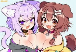 2girls ai_assisted ai_generated boobs_pressed chest_to_chest dlewdedai hololive hololive_gamers hololive_japan inugami_korone nekomata_okayu symmetrical_docking