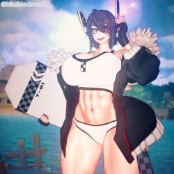 1girls 3d 3d_model abs belly belly_button big_breasts bikini breasts chiseled_abs eyepatch female fingerless_gloves fit_female huge_breasts jacket kantai_collection kiminodonuts koikatsu purple_hair round_breasts smiling swimsuit tagme tenryuu_(kantai_collection) thick_hips thick_legs thick_thighs toned_body toned_female toned_stomach video_game_character yellow_eyes