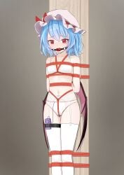 1girl absurdres ai_lei_tv alternate_costume arms_behind_back ball_gag bdsm blue_hair blush bondage bound bound_legs bow bra breasts chinese_commentary commentary_request crying crying_with_eyes_open drooling embarrassed gag gagged garter_belt hat hat_bow highres medium_hair navel panties pink_hat pussy_juice red_bow red_eyes remilia_scarlet restrained rope saliva sex_toy shibari small_breasts solo stomach tears thigh_strap thighhighs tied_to_stake touhou underwear underwear_only variant_set wet wet_clothes wet_panties white_bra white_panties white_thighhighs wiffle_gag