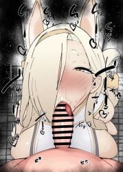 1boy 1girls :>= allied_hyakkiyako_academy_student animal_ears big_breasts blue_archive fellatio kaho_(blue_archive) kurotama light-skinned_male saliva third-party_edit tongue_out yin-yang_club_(blue_archive)
