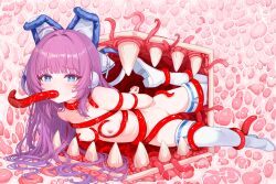 1girl absurdres all_the_way_through animal_ears arms_behind_back azur_lane blue_eyes boots breasts commentary fake_animal_ears highres linhangwei long_hair nipples nude purple_hair restrained small_breasts tashkent_(azur_lane) tentacle_pit tentacle_sex tentacles thigh_boots white_boots