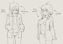 2girls artist_request breasts flat_chest large_breasts long_hair navel open_clothes panties sad short_hair sketch slim_waist tagme text wide_hips