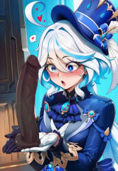 black_dildo blue_eyes dildo furina_(genshin_impact) genshin_impact hat heterochromia holding_dildo holding_object hoyoverse light-skinned_female looking_at_penis mihoyo surprised surprised_expression tagme white_hair