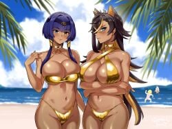 2girls arms_crossed beach big_ass bikini bikini_bottom bikini_top black_hair blush blush_lines blushing blushing_at_viewer breasts candace_(genshin_impact) choker covering_breasts dark-skinned_female dark_skin dehya_(genshin_impact) detailed egyptian_clothes egyptian_mythology genshin_impact gold_bikini golden_bikini huge_breasts large_breasts long_hair looking_at_viewer multiple_girls pointy_ears sambalteracy sexy shiny_skin sky stomach tan_body tan_skin tummy twintails watersports