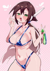 1girl absurdres aile_(mega_man_zx) bikini blue_bikini blush breasts brown_hair buzzlyears commentary condom cowboy_shot fellatio_gesture green_eyes heart highres holding holding_condom large_breasts mega_man_(series) mega_man_zx mega_man_zx_advent pink_background ponytail robot_ears simple_background solo swimsuit used_condom w