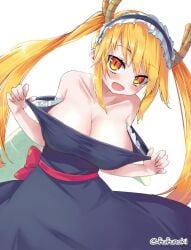 1girls 2d 2d_(artwork) 2d_artwork background big_boobs big_breasts black_clothes black_dress black_outfit black_topwear blank_background blonde blonde-haired_female blonde_female blonde_hair blonde_hair_female breasts brown_horn brown_horns busty busty_female busty_girl cleavage clothes collarbone digital digital_art digital_drawing digital_drawing_(artwork) digital_media digital_media_(artwork) dragon_tail drawing dress eyebrows_visible_through_hair female female_focus female_only fingernails fingers head_tilt horn horns huge_boobs huge_breasts large_boobs large_breasts lean_figure long_hair looking_at_viewer miss_kobayashi's_dragon_maid monotone_background narrow_waist nipple_bulge one_color_background open_mouth open_mouth_smile orange-eyed_female orange_eyes outfit parted_lips plain_background plump_breasts portrait posing posing_for_the_viewer pulling_clothes pulling_dress shoulders slender_body slender_waist slim_female slim_waist smile smiley_face smiling smiling_at_viewer solid_color_background solo standing tail tilted_head tohru_(dragon_maid) tongue topwear upper_body white_background yellow-haired_female yellow_hair