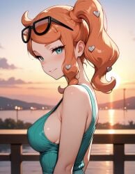 1girl ai_generated aqua_eyes bare_arms bare_shoulders big_breasts blush crop_top detailed_background eyewear eyewear_on_head from_side heart_hair_ornament looking_at_viewer orange_hair outdoors outside pokemon seductive seductive_look seductive_smile sideboob solo solo_focus sonia_(pokemon) sunset water