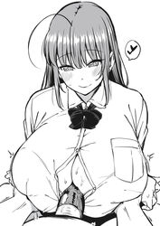 1boy 1girls blush condom condom_on_penis condom_paizuri eyebrows_visible_through_hair huge_breasts komusou_(jinrikisha) line_art monochrome ooba_minori paizuri paizuri_under_clothes smile spoken_hearts wearing_condom