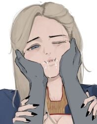 1girls blonde_hair blue_eyes closed_mouth clothed clothed_female clothing color cum cum_in_mouth female female_focus female_only genderswap genderswap_(mtf) grey_body homelander light_skin looking_at_viewer open_eyes pov rule_63 simple_background the_boys twitter_link white_background