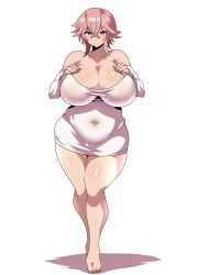 1girl 1girls big_breasts blue_eyes curvaceous curvaceous_female curvaceous_figure curves curvy curvy_body curvy_female curvy_figure curvy_hips dress feet freckles freckles_on_face huge_breasts large_breasts mature mature_female mature_woman maymayuumi mayumi_oka oka_mayumi original original_character pink_hair short_hair simple_background solo tagme thick thick_legs thick_thighs thighhighs thighs white_dress