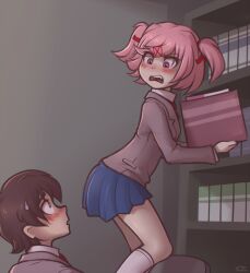 1boy 1girl angry artist_name artist_request bad_id bad_tumblr_id blue_skirt blush bookshelf brown_hair commentary d: ddlc doki_doki_literature_club english_commentary eyes_visible_through_hair fang hair_ornament hair_ribbon hairclip highres looking_at_another natsuki_(doki_doki_literature_club) open_mouth pink_eyes pink_hair png profile protagonist_(doki_doki_literature_club) questionable red_ribbon ribbon school_uniform serenity_forge short_hair signature skirt sweatdrop team_salvato two_side_up yellow_eyes