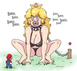 barefoot_on_grass big_breasts black_nails blonde_hair bob-omb_battlefield chain_chomp chain_leash chompette earrings giantess grey_eyes mario mario_(series) new_super_mario_bros._u_deluxe nintendo princess_peach sesameseedfun spiked_collar super_crown super_mario_64