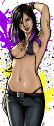 1girls 2009 black_hair breasts female female_only mandiflick nipples piercings purple_hair saints_row solo two-tone_hair