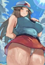 1girls 2d 2d_(artwork) ai_assisted ai_generated beach beach_background big_ass big_breasts big_butt big_thighs blue_shirt brown_eyes brown_hair cloud colored digital_drawing_(artwork) digital_media_(artwork) goddess_body leaf_(pokemon) long_hair looking_at_viewer looking_down looking_thick nintendo ocean panties poke-ignis pokemon pokemon_rgby red_skirt seductive seductive_eyes seductive_look seductive_smile sexy sexy_body sexy_female sexy_pose sky thick_ass thick_thighs white_hat white_panties
