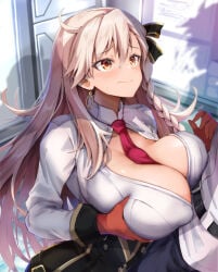1boy 1girl asahi_(fullmetal_madness) between_breasts black_ribbon braid breasts brown_hair cleavage closed_mouth clothes_between_breasts commentary_request covered_nipples earrings fate/grand_order fate_(series) fujimaru_ritsuka_(male) gloves hair_ribbon hoop_earrings jewelry large_breasts long_hair long_sleeves necktie necktie_between_breasts olga_marie_animusphere olga_marie_animusphere_(unbeast) paizuri red_gloves red_necktie ribbon shirt single_braid white_shirt