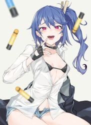 bikini_top black_gloves blue_hair blush breasts choker girls'_frontline k11_(girls'_frontline) open_mouth open_shirt purple_eyes saliva shirt thighs torogao