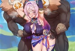 1girl2boys 1girls 2boys 2boys1girl ai_generated armpits blue_eyes blush churlbaitqueen churled citlali_(genshin_impact) dark-skinned_male genshin_impact grabbing_from_behind groping groping_breasts groping_from_behind hand_on_another's_hip happy heavy_breathing hilichurls_(species) interracial looking_back mature_female multicolored_hair outdoors pink_hair purple_hair smile steaming_body straight teasing