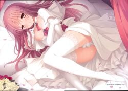 1girl absurdres bed breast_slip breasts brown_eyes cleavage covering_crotch covering_privates dress elbow_gloves gloves highres imouto_no_katachi lace lace-trimmed_thighhighs lace_trim long_hair lying medium_breasts mutou_kurihito nipples one_breast_out panties pink_hair sena_miyuki shoes solo thighhighs underwear wedding_dress white_panties white_thighhighs