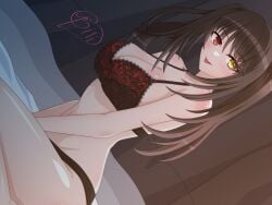1girl black_hair black_panties blush bra cleavage date_a_live heterochromia lace_trim large_breasts lingerie long_hair looking_at_viewer lying on_bed otozato_yomi red_eyes smile solo tokisaki_kurumi yellow_eyes