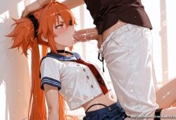 1boy 1girl ai_generated black_choker black_panties blue_skirt blush breasts choker cum cum_in_mouth eyepatch fellatio from_side hair_scrunchie hand_on_another's_head hetero highleg highleg_panties irrumatio kermixx koleda_belobog long_hair male_pubic_hair midriff navel necktie oral orange_eyes orange_hair panties pants penis pleated_skirt pubic_hair sailor_collar school_uniform scrunchie serafuku shirt short_sleeves skirt solo_focus sweat thong twintails underwear white_pants zenless_zone_zero