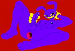 1boy anal_gape anthro anus balls bara barazoku erection furry furry_male gape gaping gaping_anus grin hand_behind_head hand_on_penis holding_penis jax_(tadc) jax_(the_amazing_digital_circus) male masturbation muscles muscular muscular_anthro muscular_male nipples nude penile_masturbation penis purple_body rabbit solo the_amazing_digital_circus yellow_teeth
