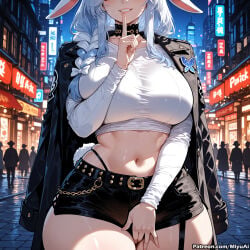 1girl ai_assisted ai_generated animal_ears bangs belt blush braid breasts building bunny_ears choker city city_lights cityscape collar curvaceous curvy curvy_female curvy_figure female finger_to_mouth hololive large_breasts long_hair mature_female midriff milf miyuai navel night pekomama shushing skyscraper smile solo_focus thick thick_ass thick_butt thick_hips thick_legs thick_thighs thighs voluptuous voluptuous_female wide_hips wide_thighs