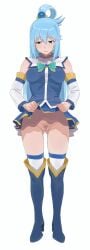 1girls aqua_(konosuba) blue_eyes blue_hair blush boots bottomless breasts censored closed_mouth clothing dress embarrassed female female_only groin kono_subarashii_sekai_ni_shukufuku_wo! lifted_by_self long_hair looking_away mosaic_censoring pubic_hair pussy skirt skirt_lift toxic_(toxicv)