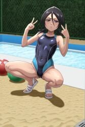 1girls ai_generated black_eyes black_hair bleach bleach:_the_thousand-year_blood_war curvy curvy_female curvy_figure kuchiki_rukia light-skinned_female light_skin looking_at_viewer mature_female one-piece_swimsuit peace_sign rukia_kuchiki shao145 shiny_skin small_breasts solo solo_female spread_legs squatting swimsuit