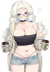 1girls 2026 2d choker cleavage female female_focus glasses huge_breasts pink_panties thick_eyebrows wakamepiza white_hair