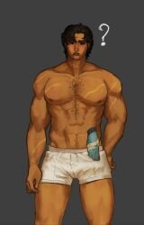 beefy big_breasts big_guy big_penis boobies boobs breasts buff buff_male bulge chest_hair chest_out commission confused display gray_background man_boobs man_tits melons notsokreah probably_stinks pubic_hair shampoo_bottle six_pack tits underwear william_(the_butchery) william_hillwalker
