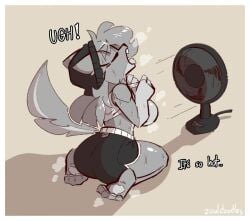 2026 anthro anthro_female anthro_only breasts fan flashing flashing_breasts furry furry_female furry_only oc on_knees original_character shirt_lift sweat sweating tagme tagme_(character) thighs zoul