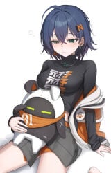 1girl 1girls absurd_res bangboo_(zenless_zone_zero) belle_(zenless_zone_zero) blue_hair blush breast_rest breasts cowboy_shot crossed_bangs drooling earrings eous_(zenless_zone_zero) female green_eyes hair_between_eyes highres icetea_art jewelry looking_down medium_breasts midriff nipples saliva short_hair sidelocks simple_background sleepy solo solo_focus squeans tired white_background zenless_zone_zero
