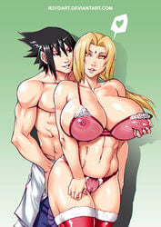 1boy 1girls age_difference areolae big_breasts black_eyes black_hair blonde_hair bra breasts brown_eyes busty female forehead_jewel huge_breasts human large_breasts lingerie lipstick male milf naruto naruto_(series) naruto_shippuden nipple nipples oppai panties pigtails pink_bra pink_panties r3ydart sasuke_uchiha stockings straight thighhighs tsunade