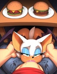 ai_generated arched_back blowjob half-closed_eyes hands_on_ears naked_anthro rouge_the_bat stuffed_mouth unbuttoned_pants under_the_table