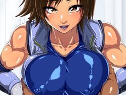 bare_shoulders blue_sports_bra blush breast_grab breasts brown_hair collarbone erect_nipples female grabbing highres huge_breasts jacket jumpsuit kazama_asuka large_breasts looking_at_viewer motion_lines muscular_female open_clothes open_jacket open_mouth orange_eyes pov puffy_areolae puffy_nipples raburebo shiny shiny_clothes short_hair smile solo_focus sports_bra tekken upper_body waguchi_shouka