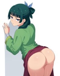 1girls against_wall ass ass_focus blue_eyes bottomless chinese_clothes closed_mouth clothing feet_out_of_frame female female_only freckles green_hair guilegaze kusuriya_no_hitorigoto long_hair looking_at_viewer looking_back maomao_(kusuriya_no_hitorigoto) pussy skirt skirt_lift uncensored